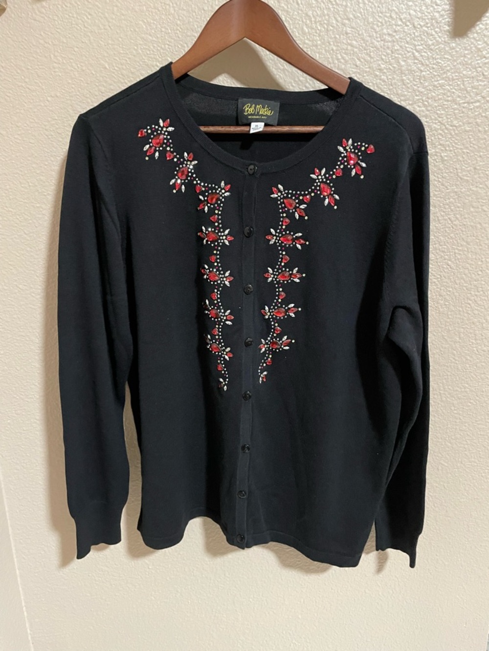 Bob Mackie Wearable Art Black Cardigan with Red Beaded Floral Accents